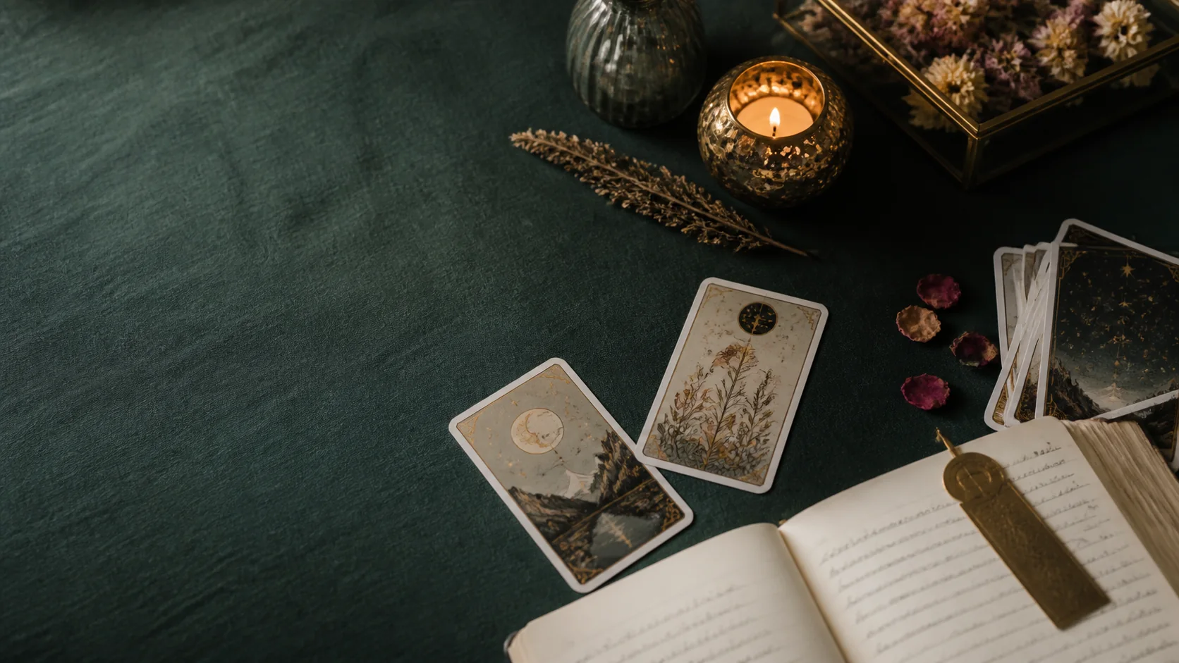 Tarot cards, a notebook and candlelight on a green table